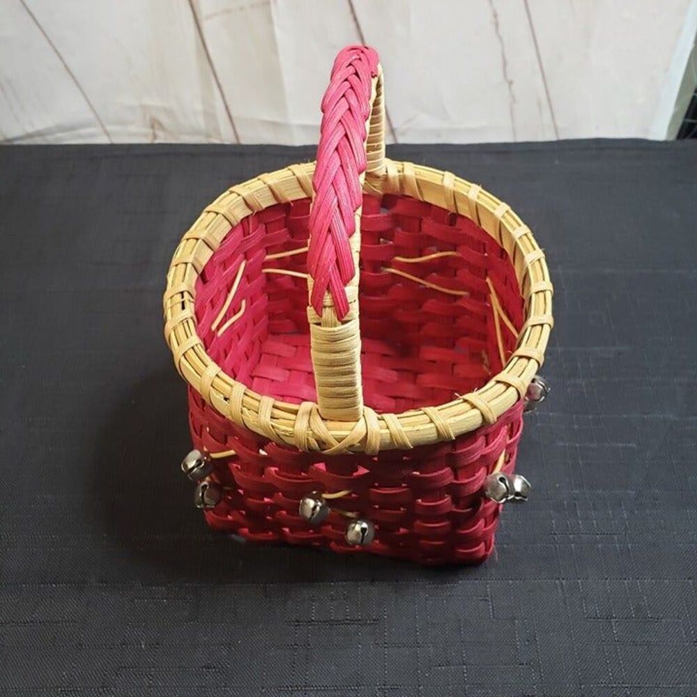 Cute Small Red Wicker Christmas Basket with Bells 5" x 8" tall Holiday Decor - Picture 4 of 11